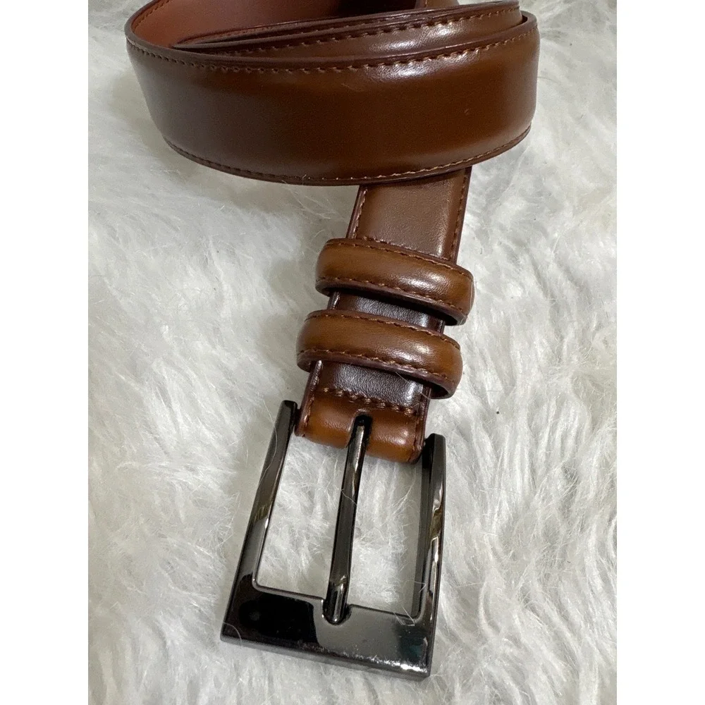 Mens Brown Leather Dress Belt 42 Gunmetal Buckle Tonal Stitching Classic